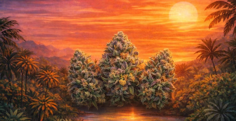 Tropical sunset with cannabis buds