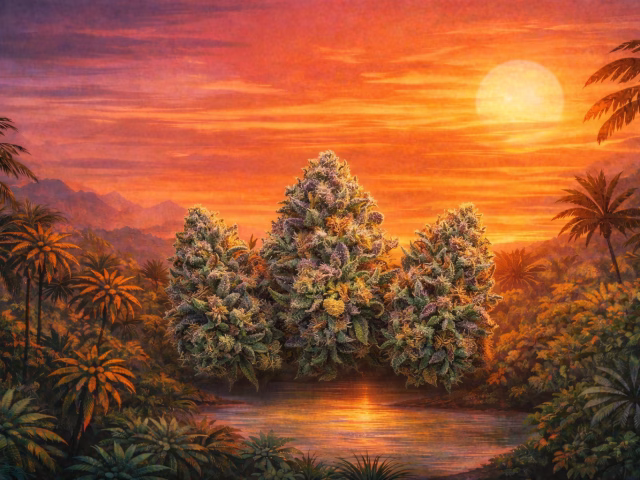 Tropical sunset with cannabis buds